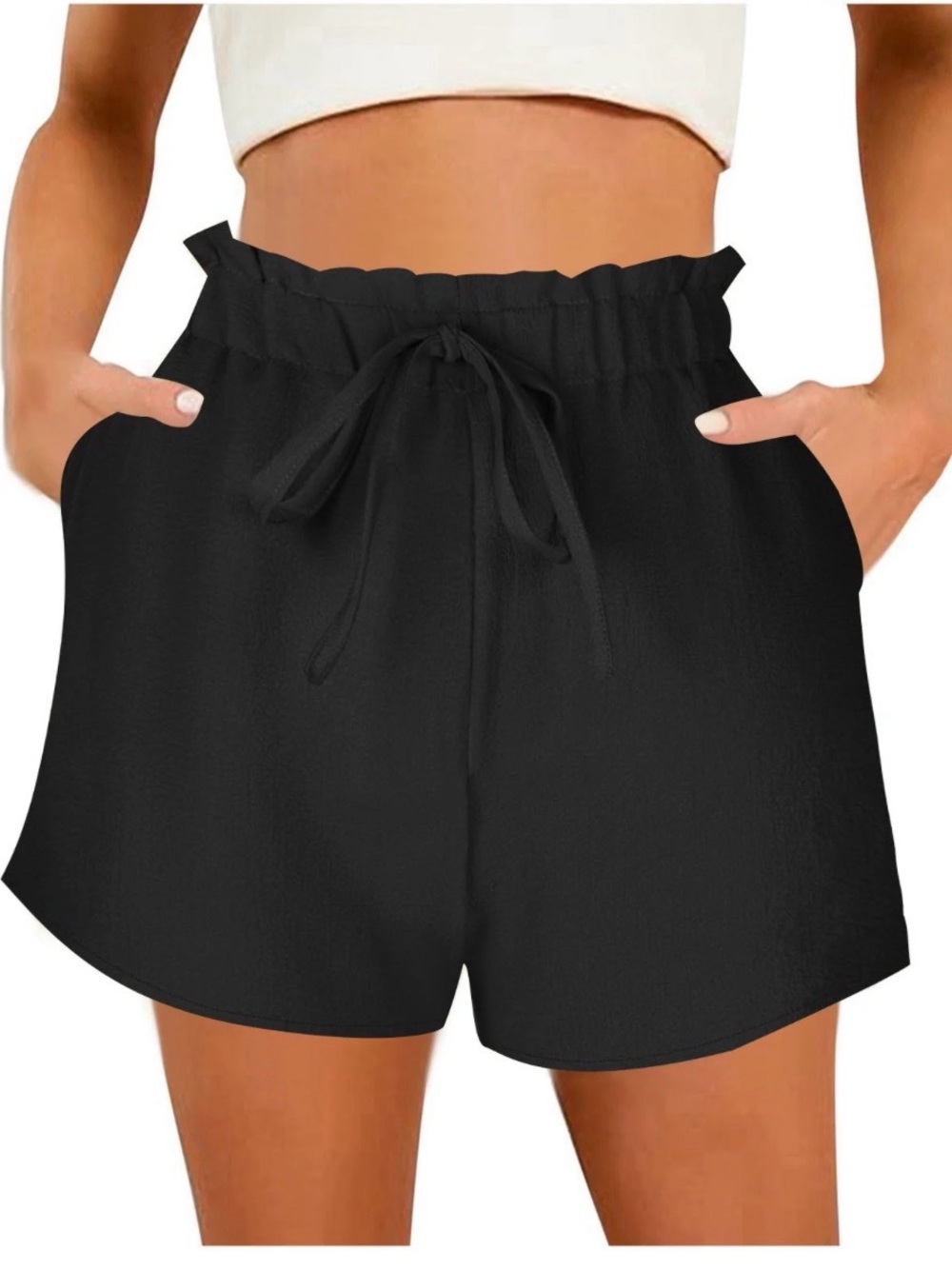 Women's Black Paperbag Waist Drawstring Shorts